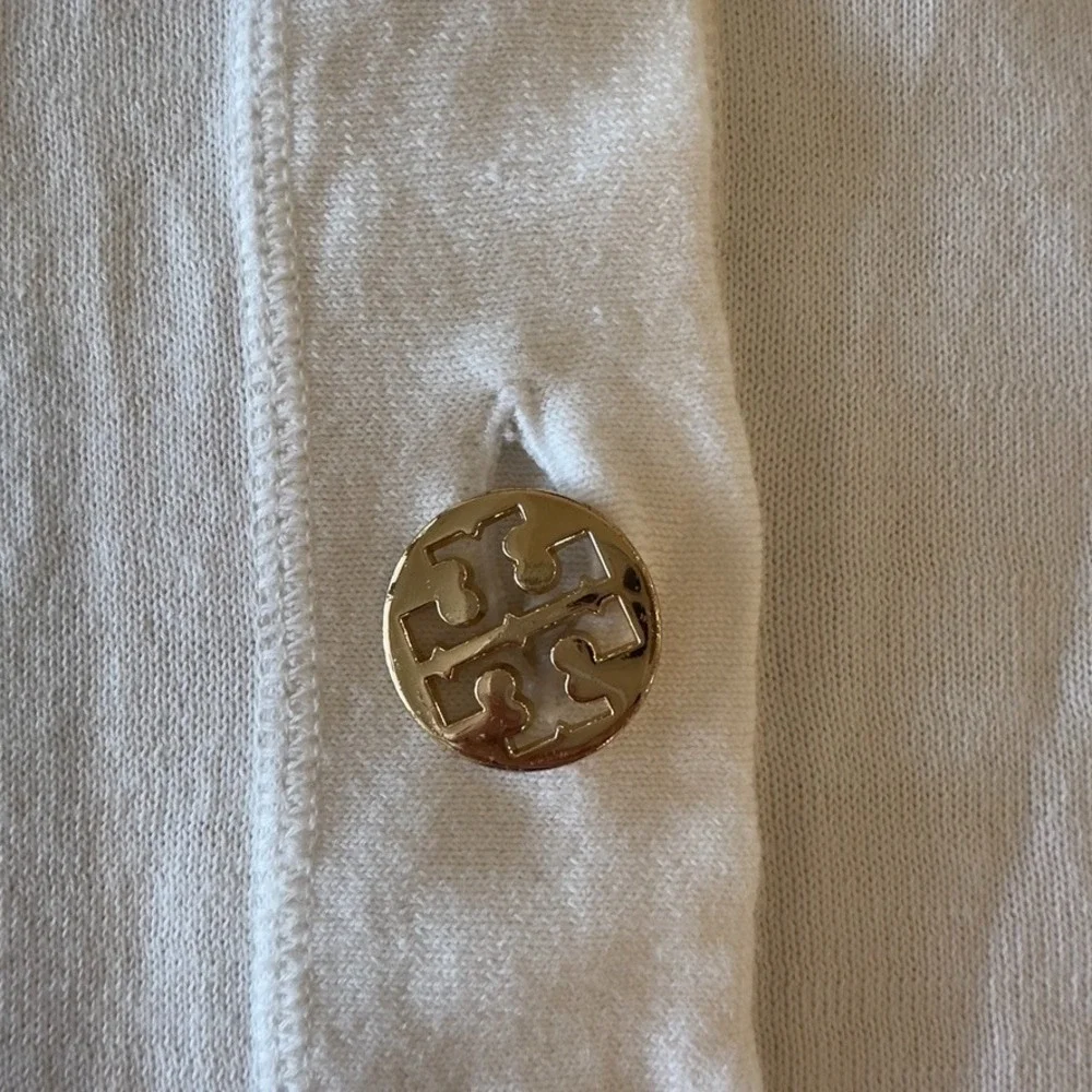 TORY BURCH Simone Cardigan 100% Cotton-White-Gold Logo Button-Lightweight-Sz XS